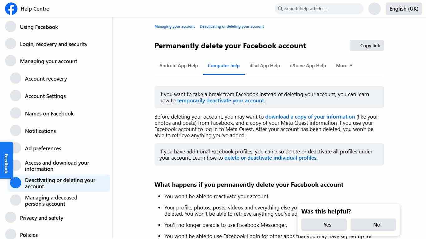 Permanently delete your Facebook account | Facebook Help Centre