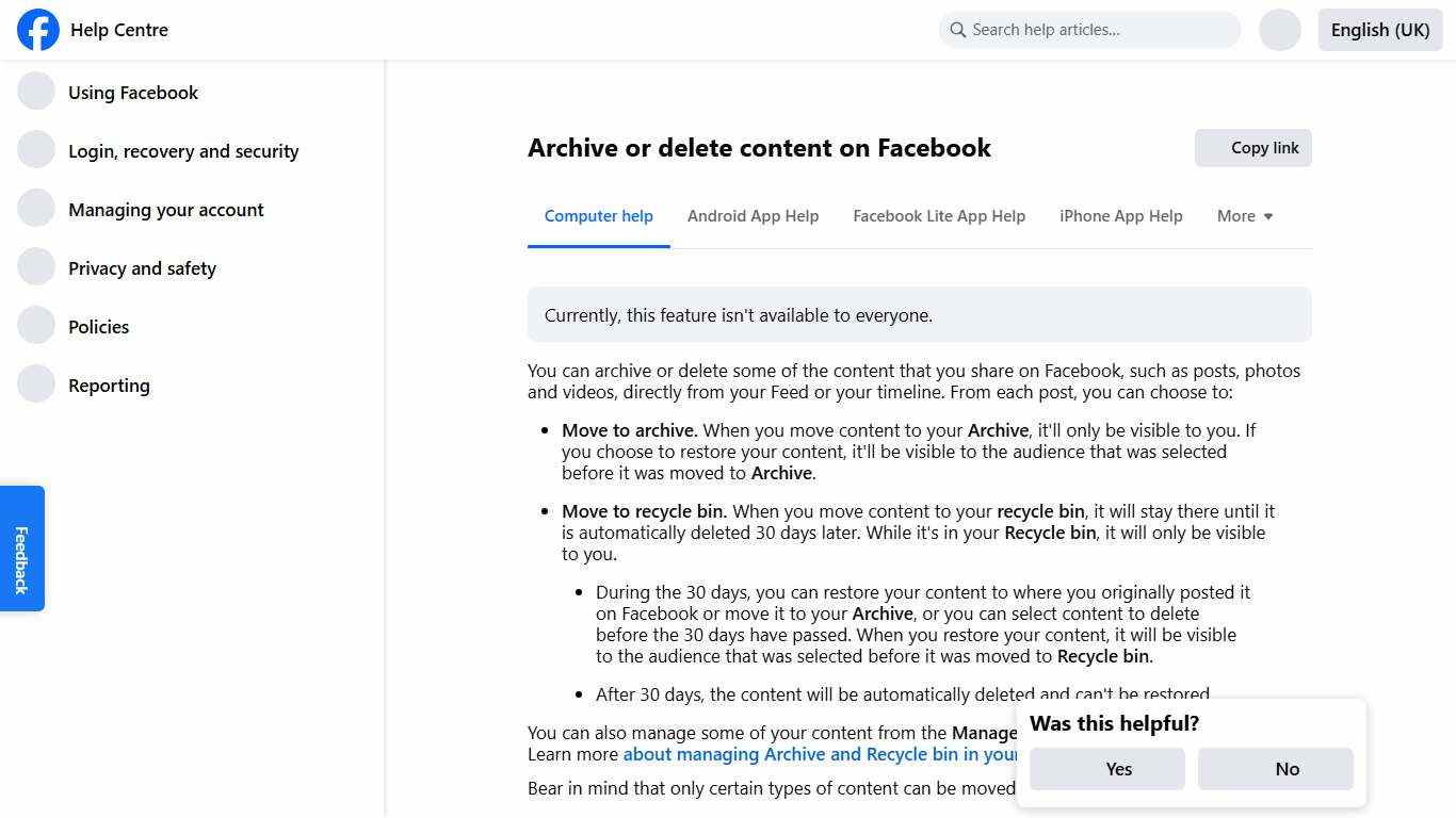 Archive or delete content on Facebook | Facebook Help Centre