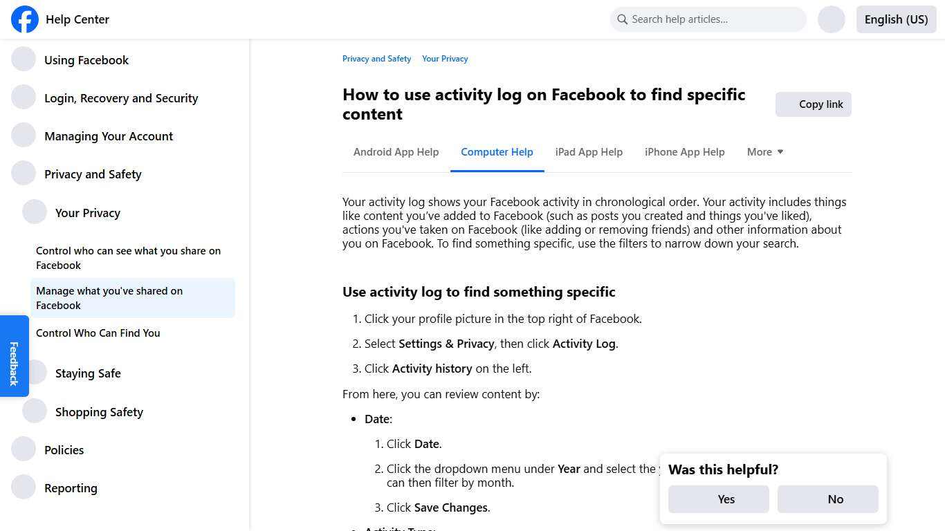 How to use activity log on Facebook to find specific content | Facebook Help Center